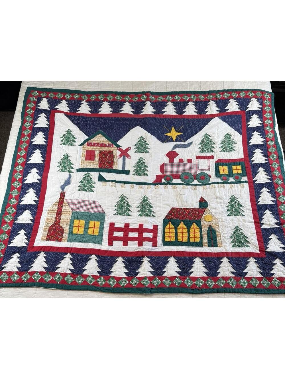 Vintage Christmas Quilt Wall Hanging Train Village Handmade 55x47 Cottagecore